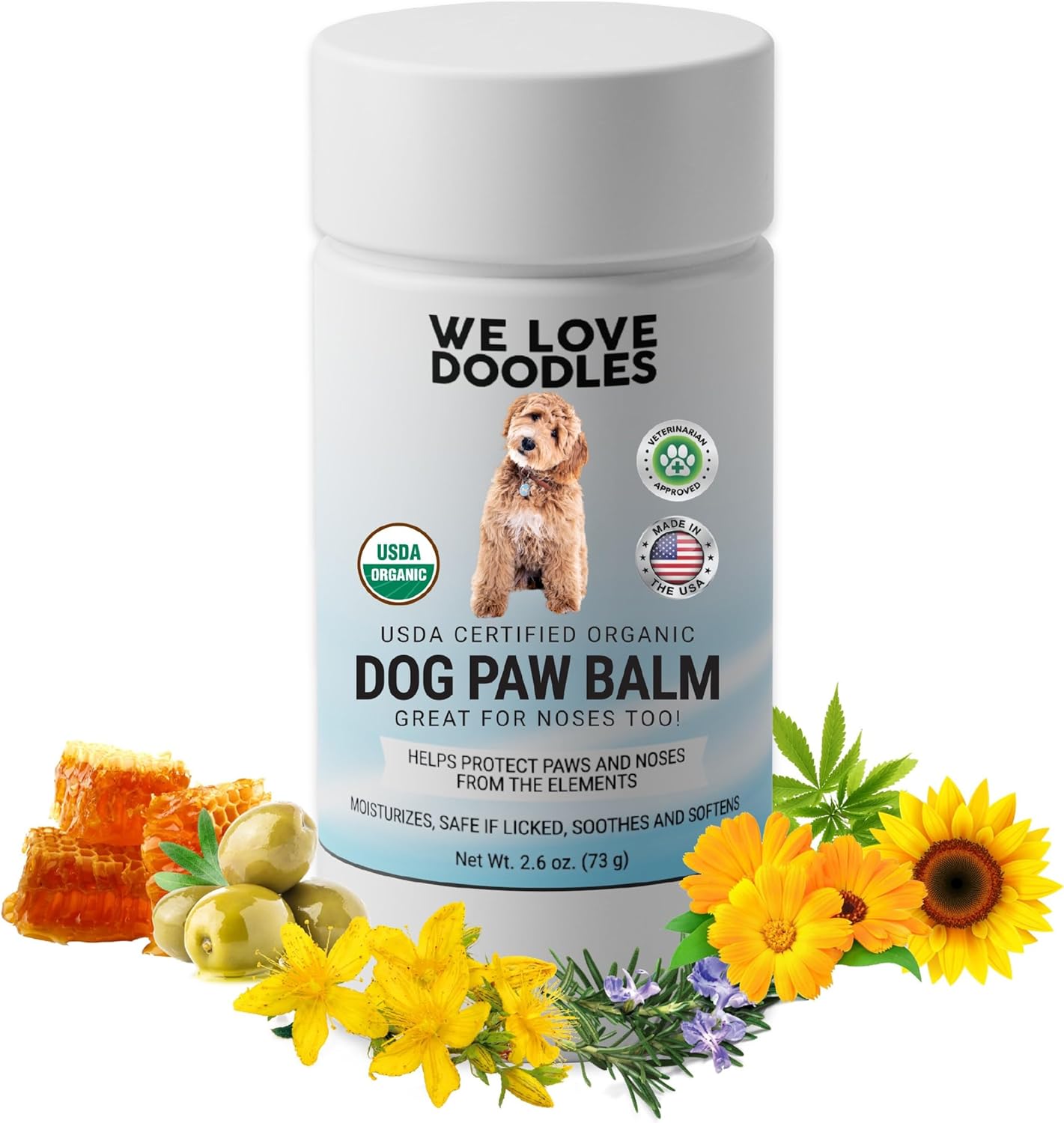 We Love Doodles Dog Paw Balm jar with natural ingredients, designed to soothe and protect canine paw pads.