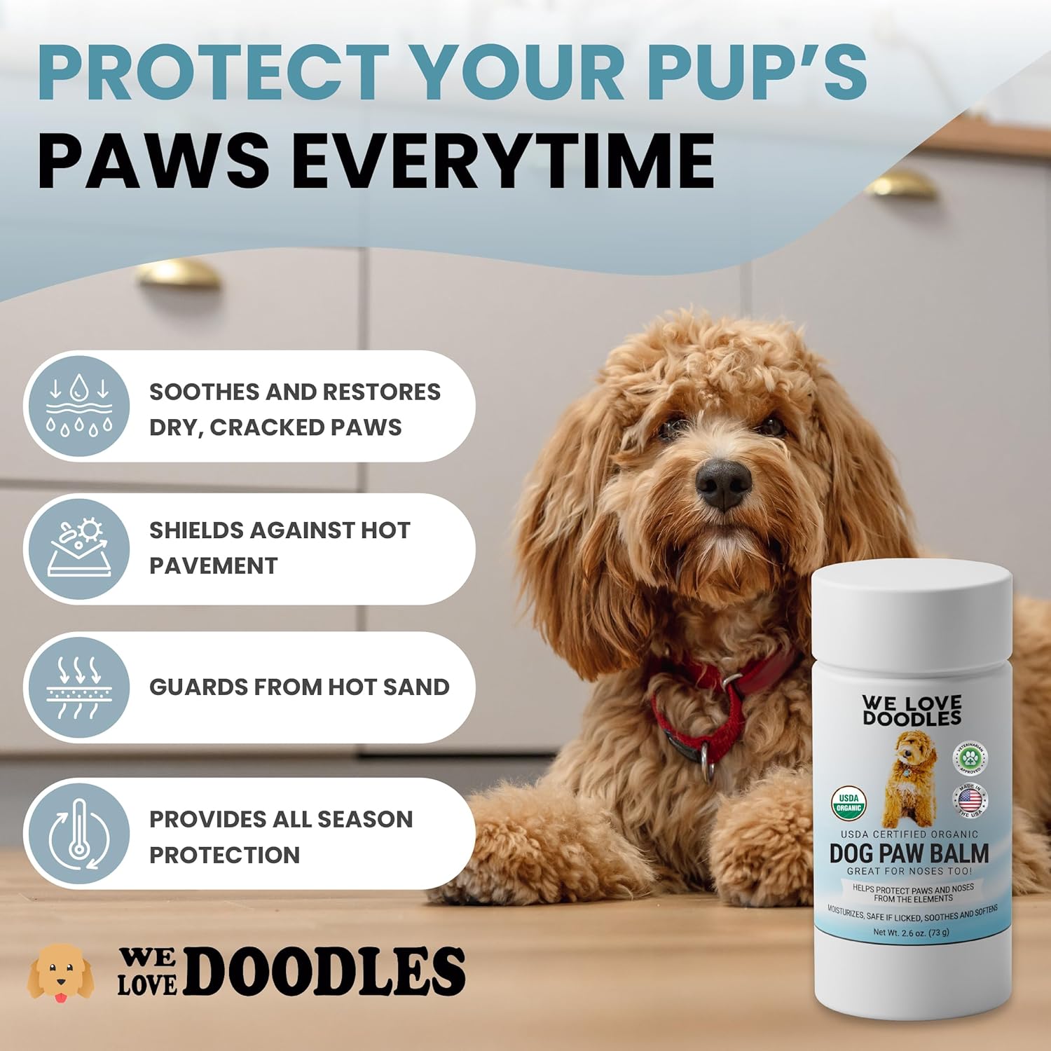 Natural dog paw balm by We Love Doodles, featuring a small jar with paw print design and balm inside on a neutral background.