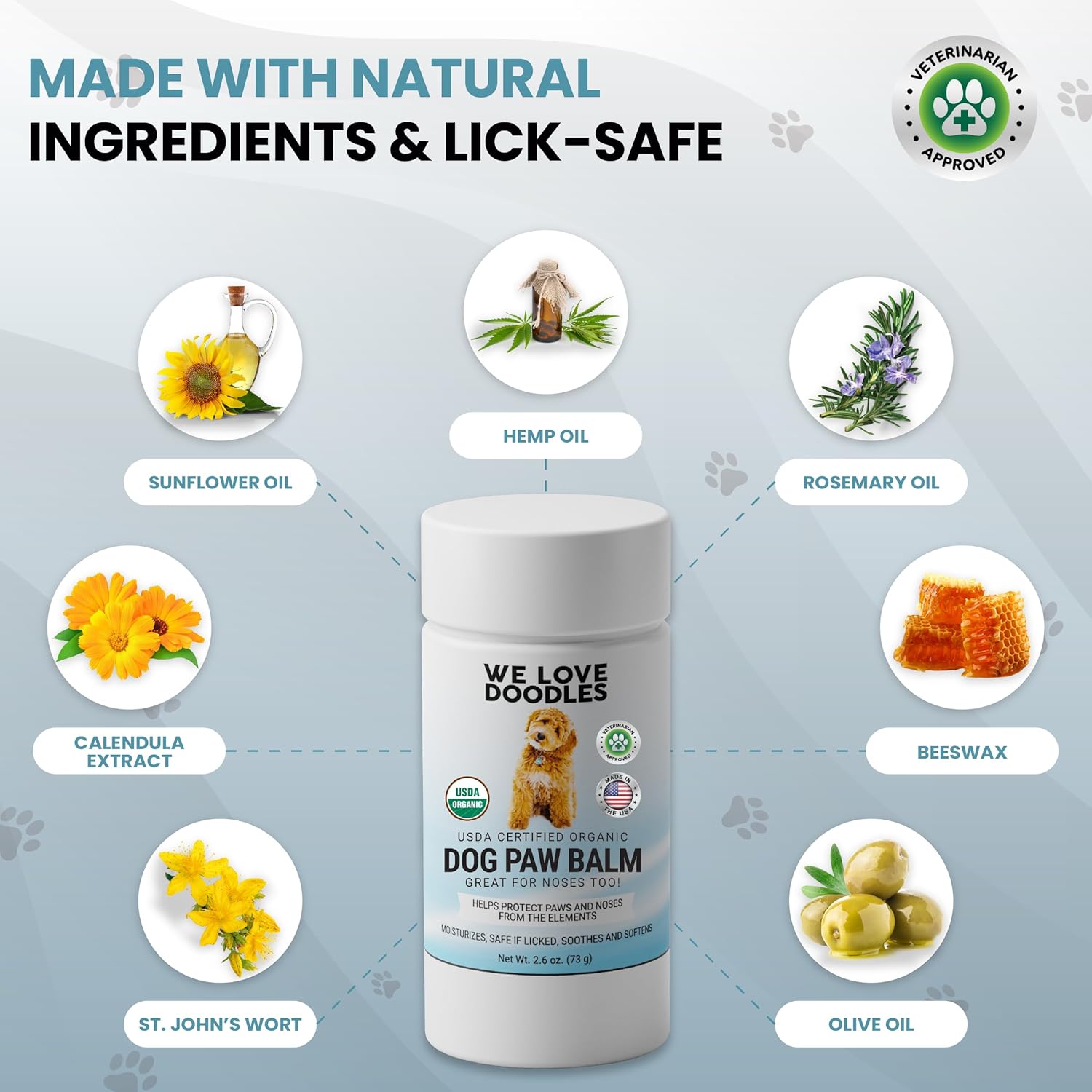 We Love Doodles Dog Paw Balm jar with label, natural paw care product for dogs in a small glass container with a metal lid.