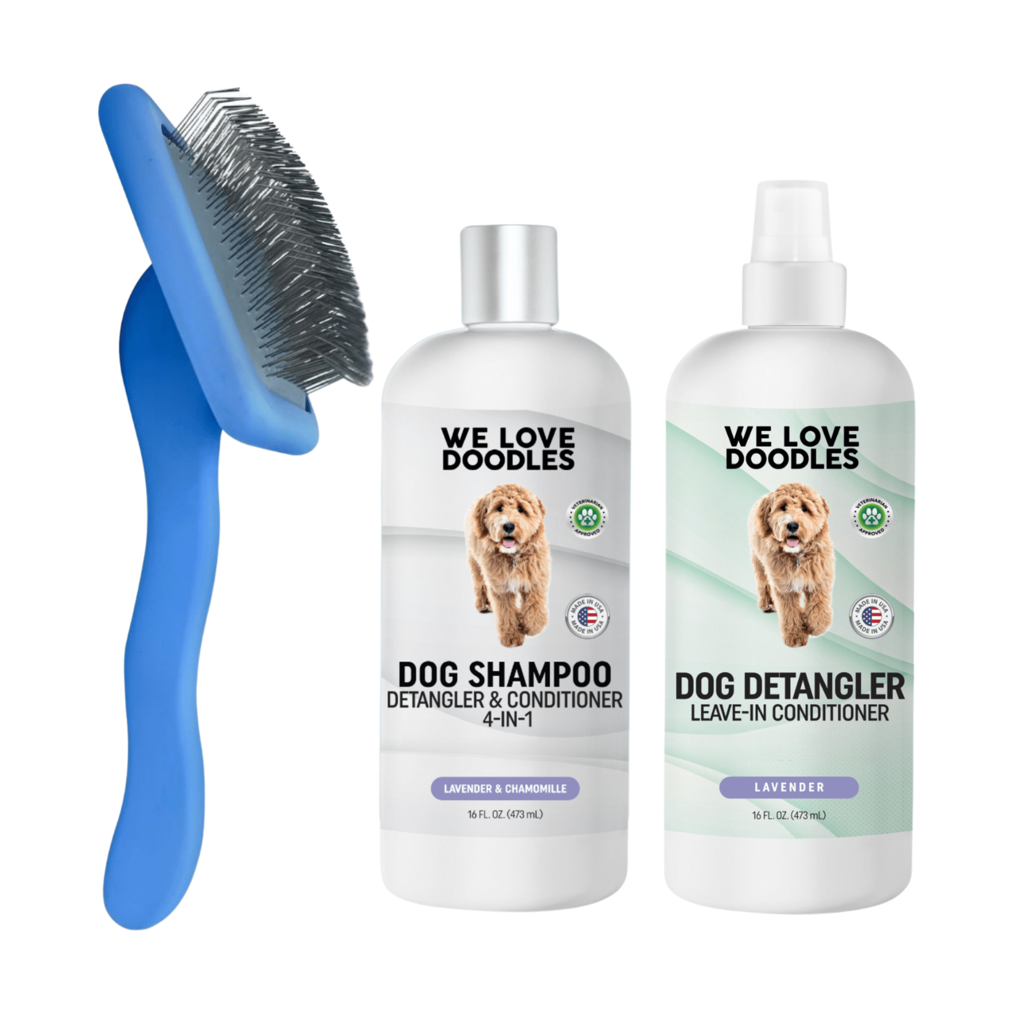 Blue slicker brush, shampoo, and detangler bottles from We Love Doodles Home Dog Grooming Starter Pack for clean, soft, tangle-free coats.