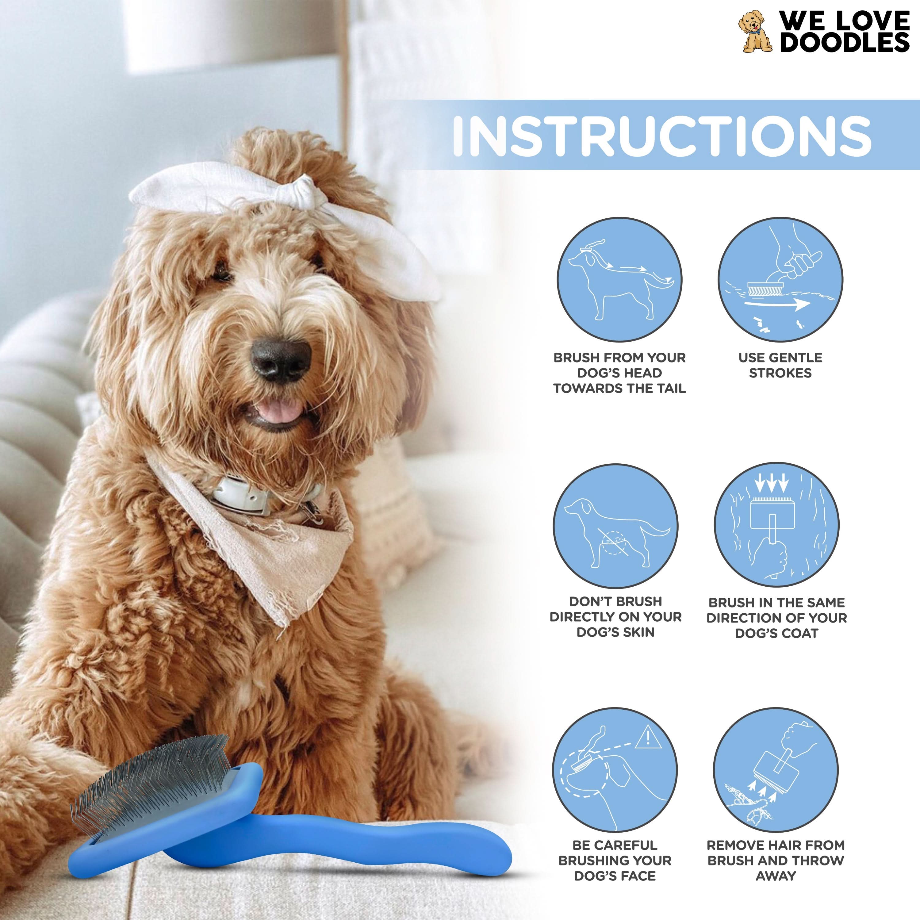 Close-up of We Love Doodles dog grooming brush with long bent pins, ideal for cleaning and detangling soft, tangle-free dog coats.