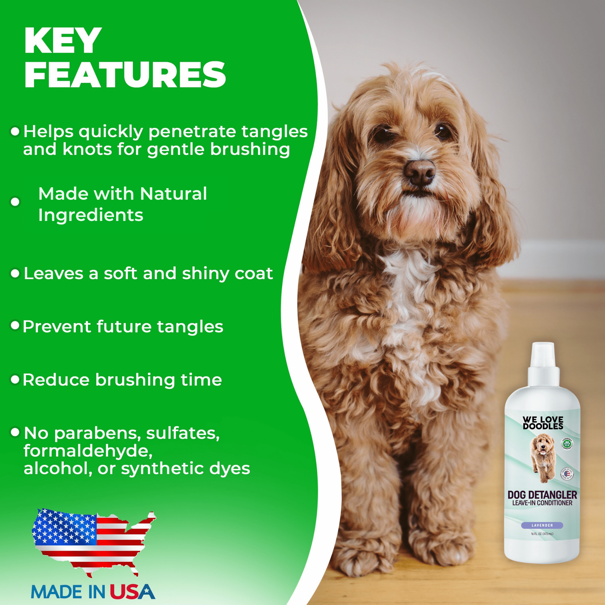 We Love Doodles lavender dog detangler spray bottles with a dog, showcasing a gentle, soothing formula for easy grooming.
