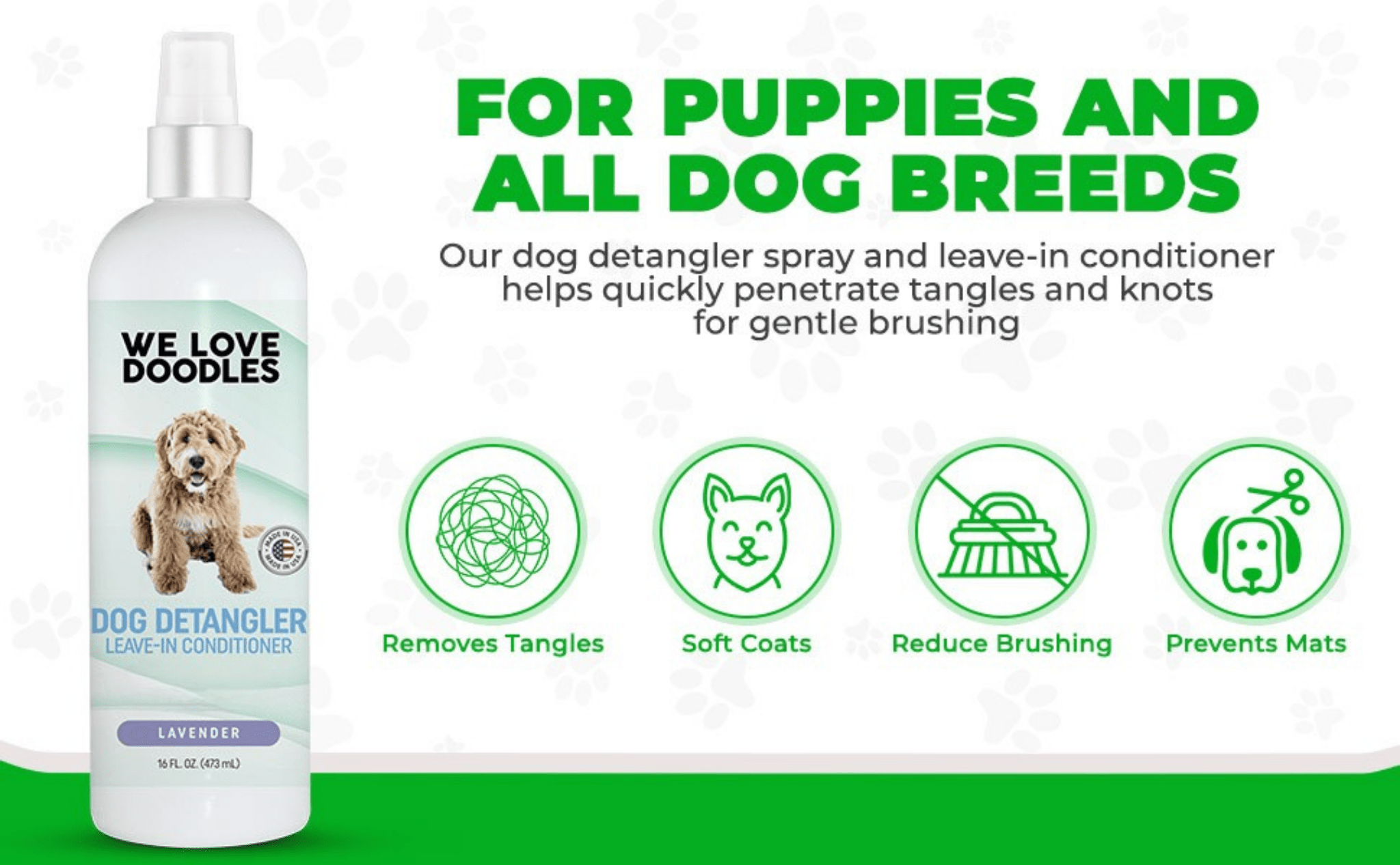 Dog detangler spray with lavender scent by We Love Doodles, showing benefits for puppies and all breeds on a graphic.