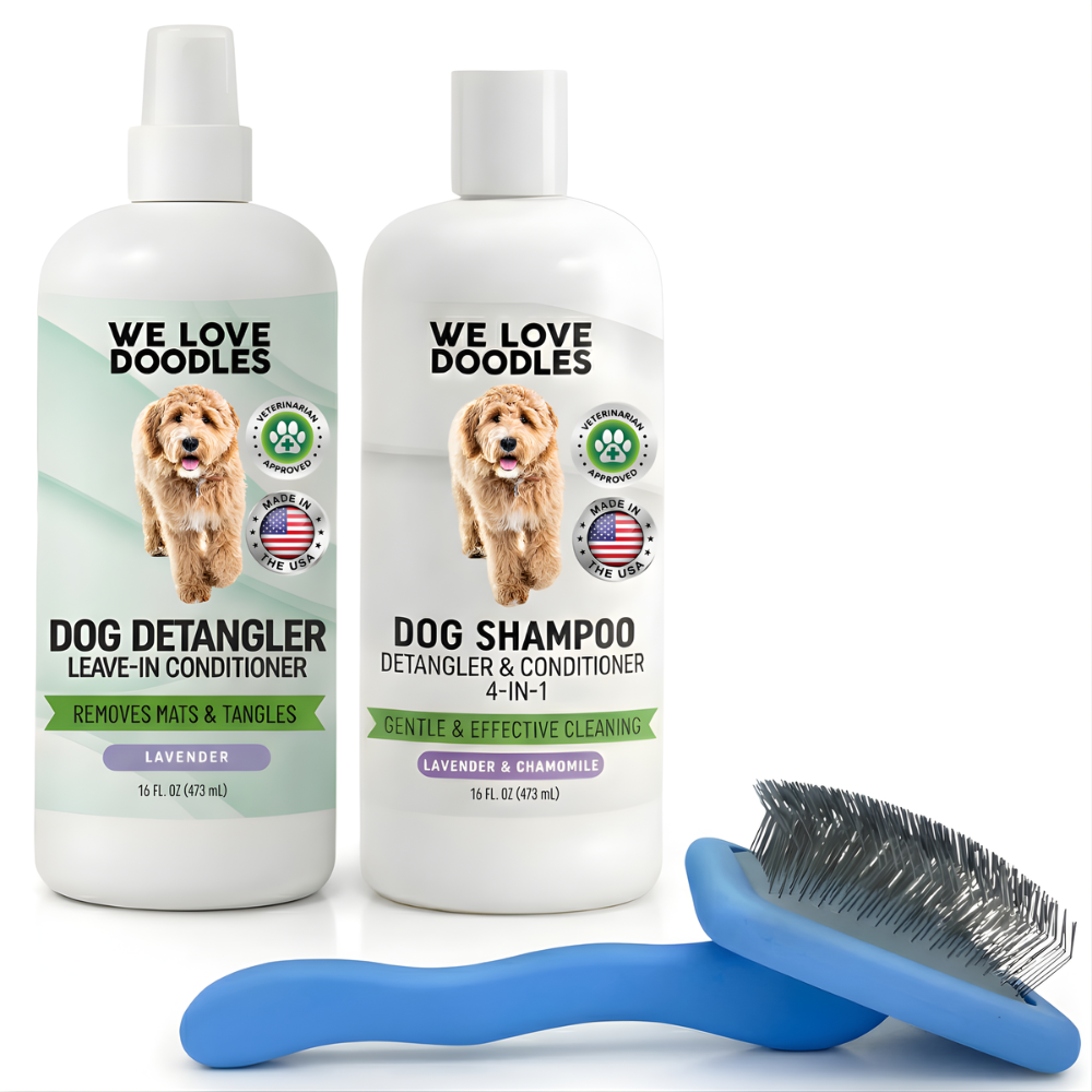 We Love Doodles home dog grooming starter pack with grooming tools for clean, soft, tangle-free coats at home