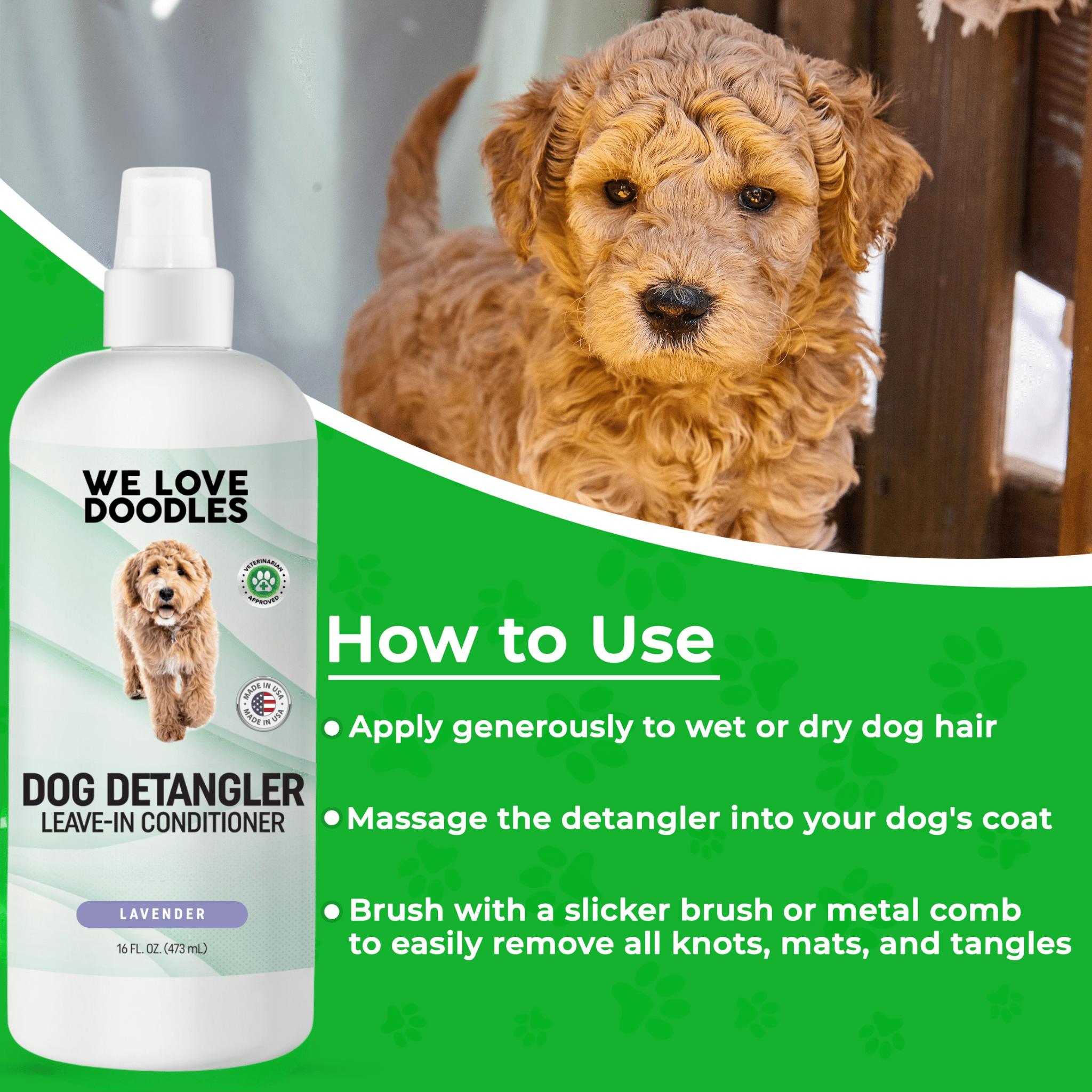 Dog detangler spray with lavender scent from We Love Doodles, showing how to use the 2-pack on a dog.