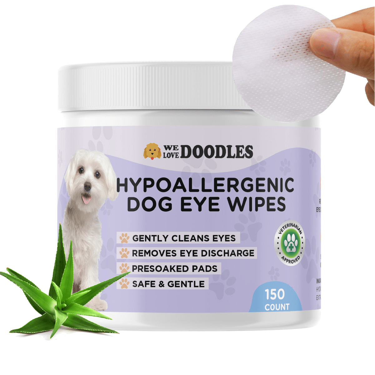 Jar of We Love Doodles hypoallergenic dog eye wipes with round pads and aloe, containing 150 wipes for pet eye care.