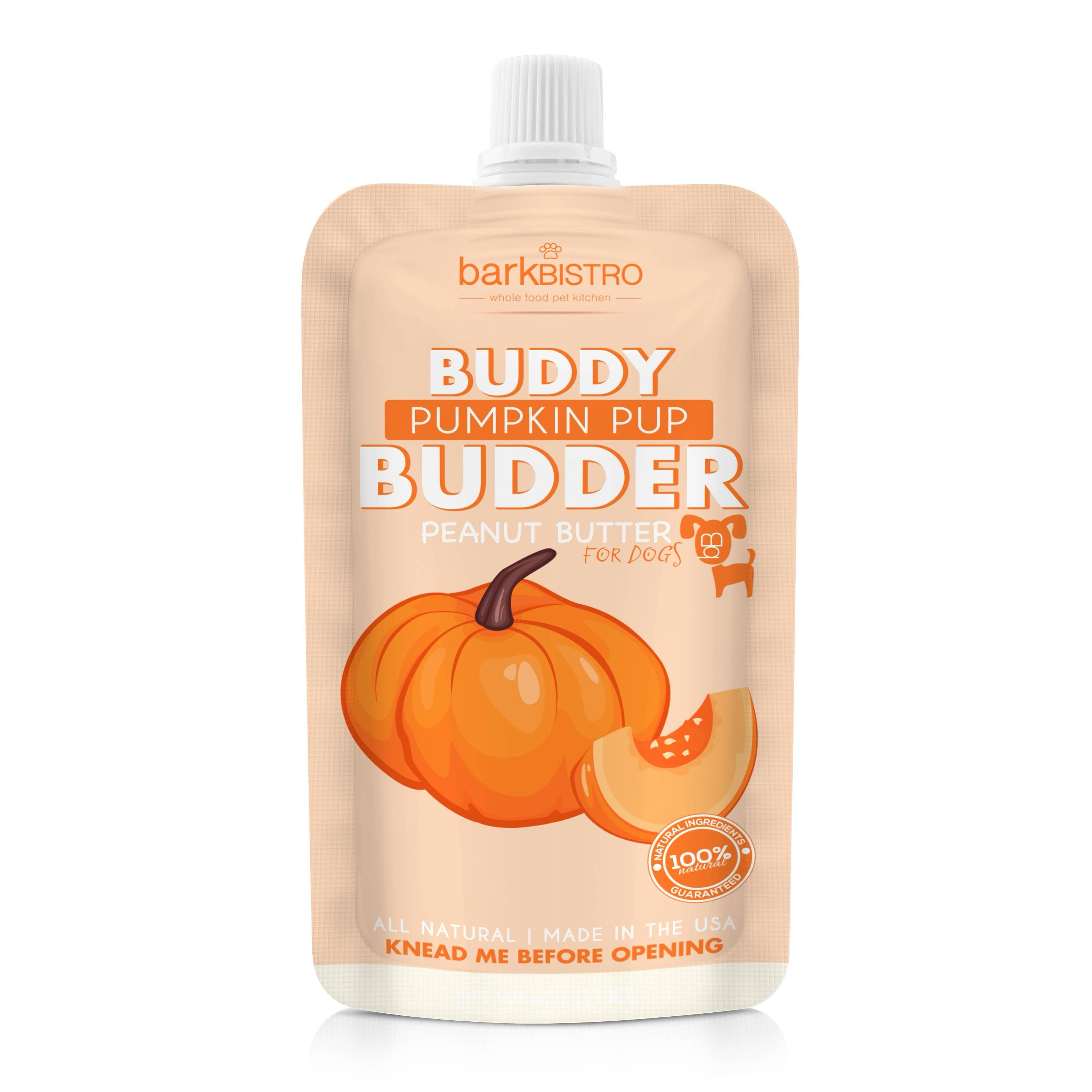 Pumpkin Pup Budder Squeeze Pack from Luna Doodle Boutique, showing a colorful pet treat packaging with a pumpkin illustration.