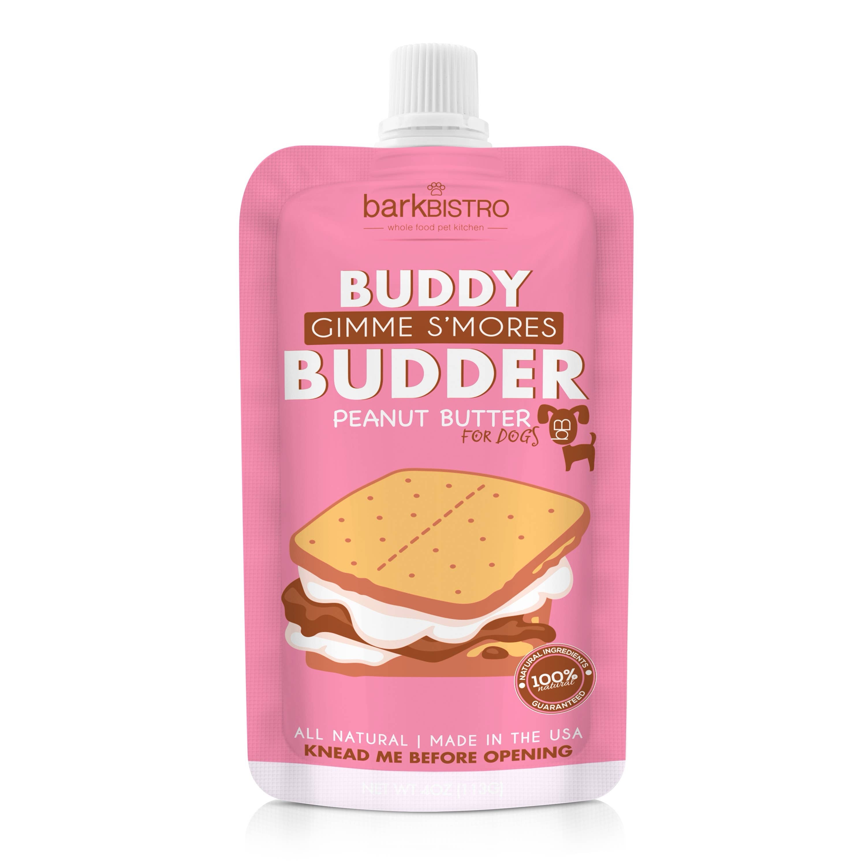 Luna Doodle Boutique Gimme S'mores Budder Squeeze Pack with marshmallow, chocolate, and graham cracker flavors in a squeeze pack