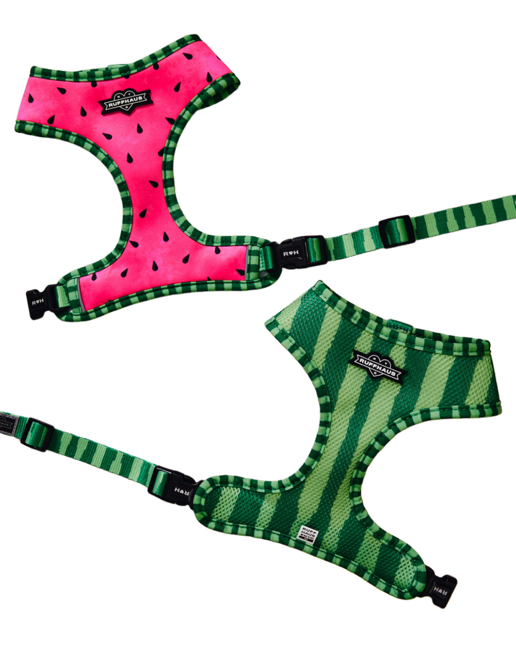 Reversible pet harness by RUFFHAUS NYC showing both sides, adjustable straps, and vibrant watermelon print on durable material.