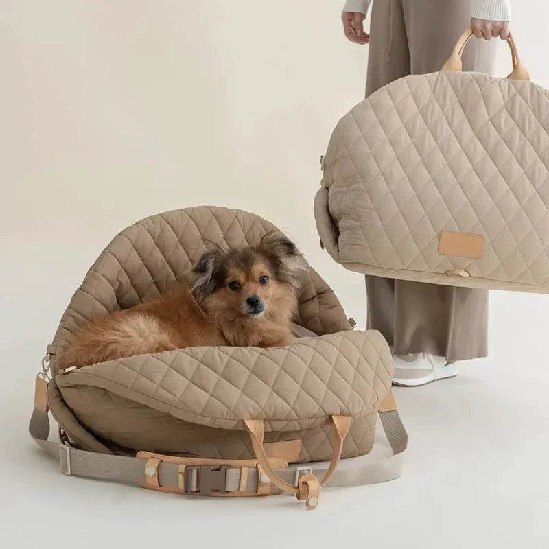 Quilted dog carrier tote by Fashioned Furbabies, Verona Luxe Carrier in stylish designer pet tote with padded interior and handles.