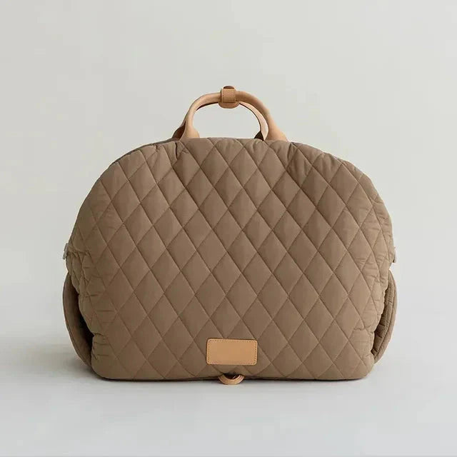 Quilted Verona Luxe Carrier by Fashioned Furbabies, stylish dog tote with padded interior and designer quilted fabric for pet travel.