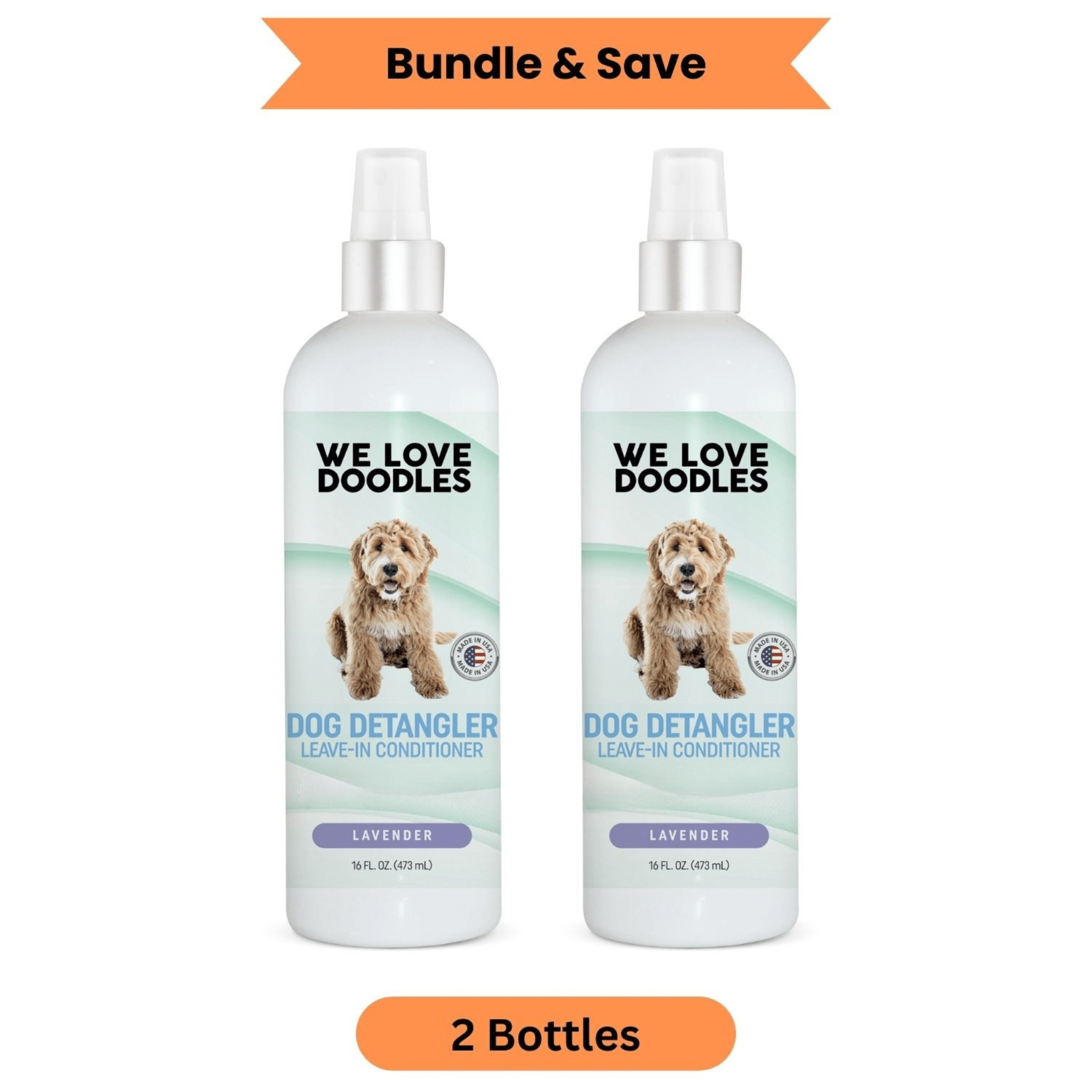 Two bottles of We Love Doodles Lavender Dog Detangler Spray, 16 oz each, with a focus on the product's lavender scent and spray bottles.