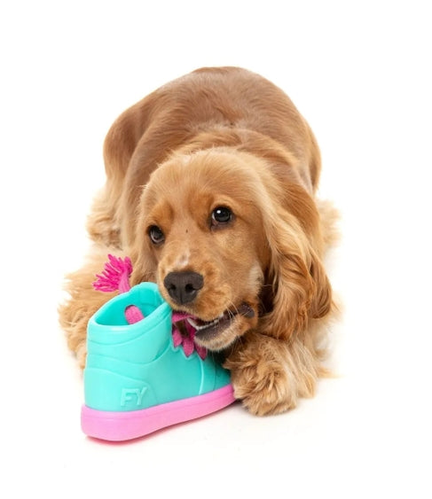Luna Doodle Boutique Kicks N Licks dog chew toy with colorful rubber and rope design for playful chewing and tugging.