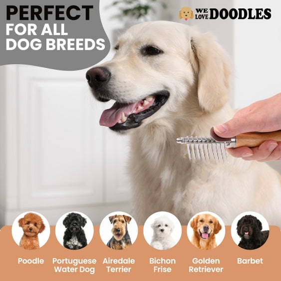 Luna Doodle Boutique dematting rake with ergonomic handle and stainless steel teeth for grooming and detangling pets