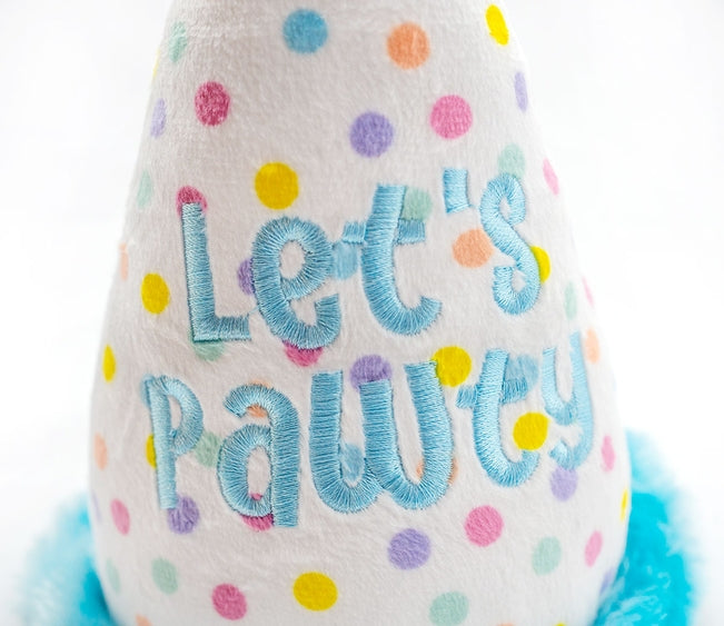 Blue plush birthday hat dog toy by Luna Doodle Boutique, featuring soft fabric and festive design for pets.