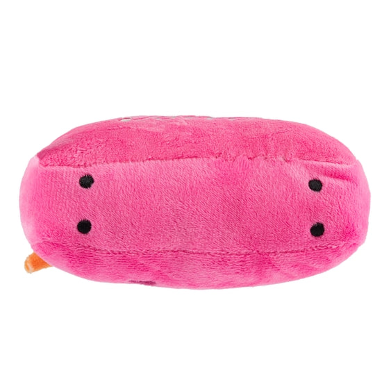 Pink plush purse-shaped dog toy with a scarf and squeaker, from Luna Doodle Boutique, designed for small dogs.