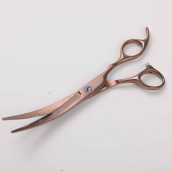 Professional dog grooming scissor kit by Luna Doodle Boutique with stainless steel scissors and grooming tools on a white background.