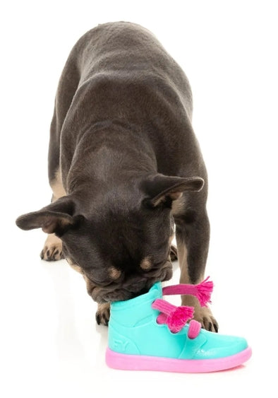Luna Doodle Boutique Kicks N Licks dog chew toy showing colorful rubber surface and textured design for chewing fun.